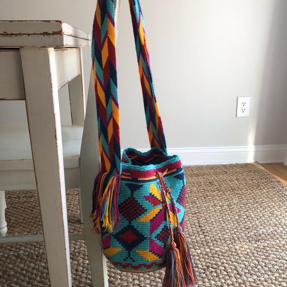New: Wayuu Mochila Tasseled Cotton Drawstring Bucket Bag - Picture 8 of 12